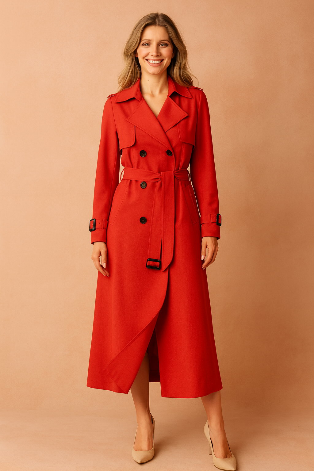 Sophisticated women's trench coat with wide lapel & belted waist. Classic elegant outerwear for work or chic casual spring.