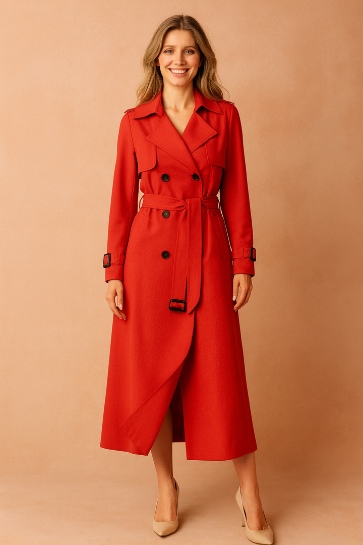 Sophisticated women's trench coat with wide lapel & belted waist. Classic elegant outerwear for work or chic casual spring.
