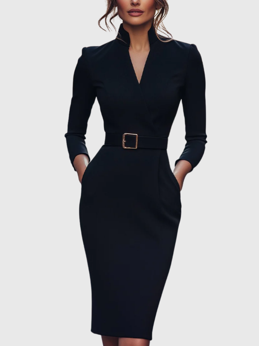Elegant women's belted wrap V-neck pencil midi dress for formal or office wear.