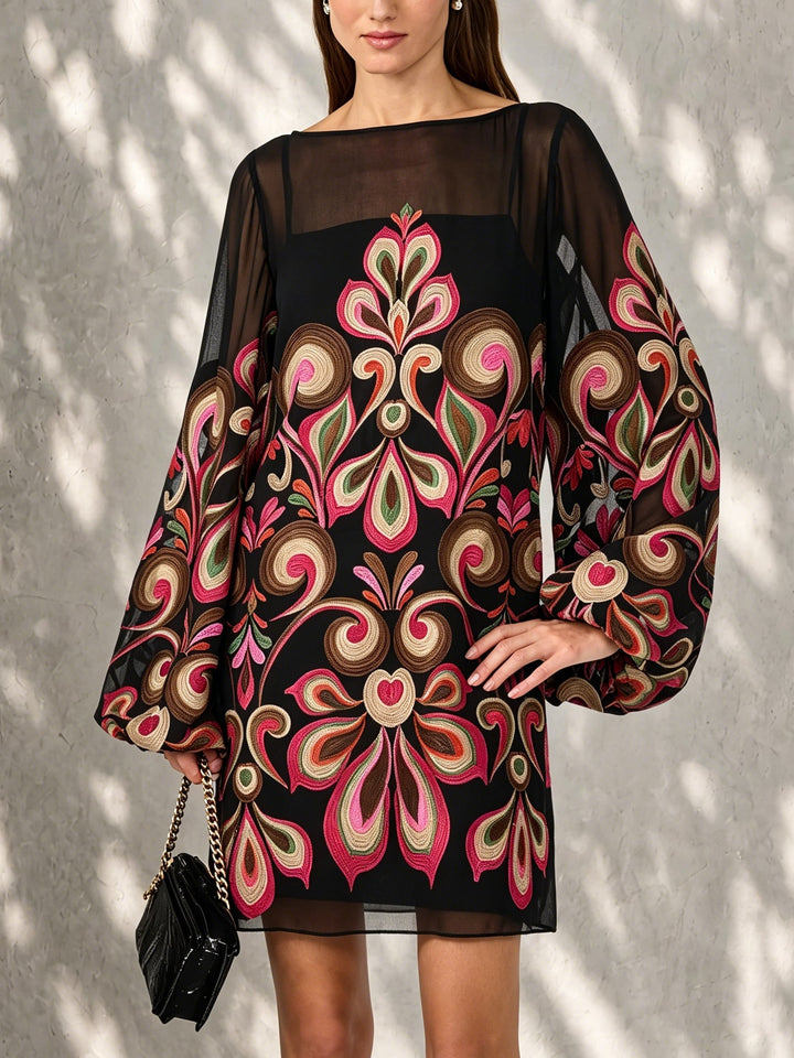 Elegant women's black floral mini dress with sheer balloon sleeves & boat neck, perfect for evening or party wear.