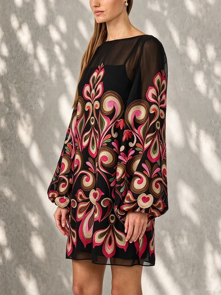 Stylish black floral shift mini dress for women, featuring sheer balloon sleeves, ideal for cocktail or party events.