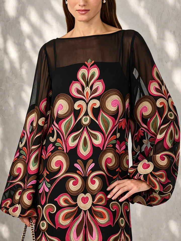 Women's black floral mini dress with elegant sheer balloon sleeves. A chic boat neck party & evening dress.