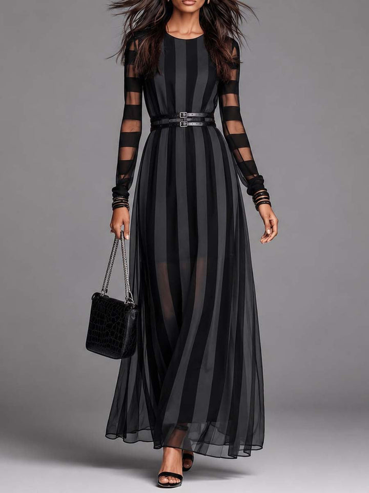 Elegant women's black maxi dress with long sleeves, round neck, and belted waist, perfect for formal evening events.