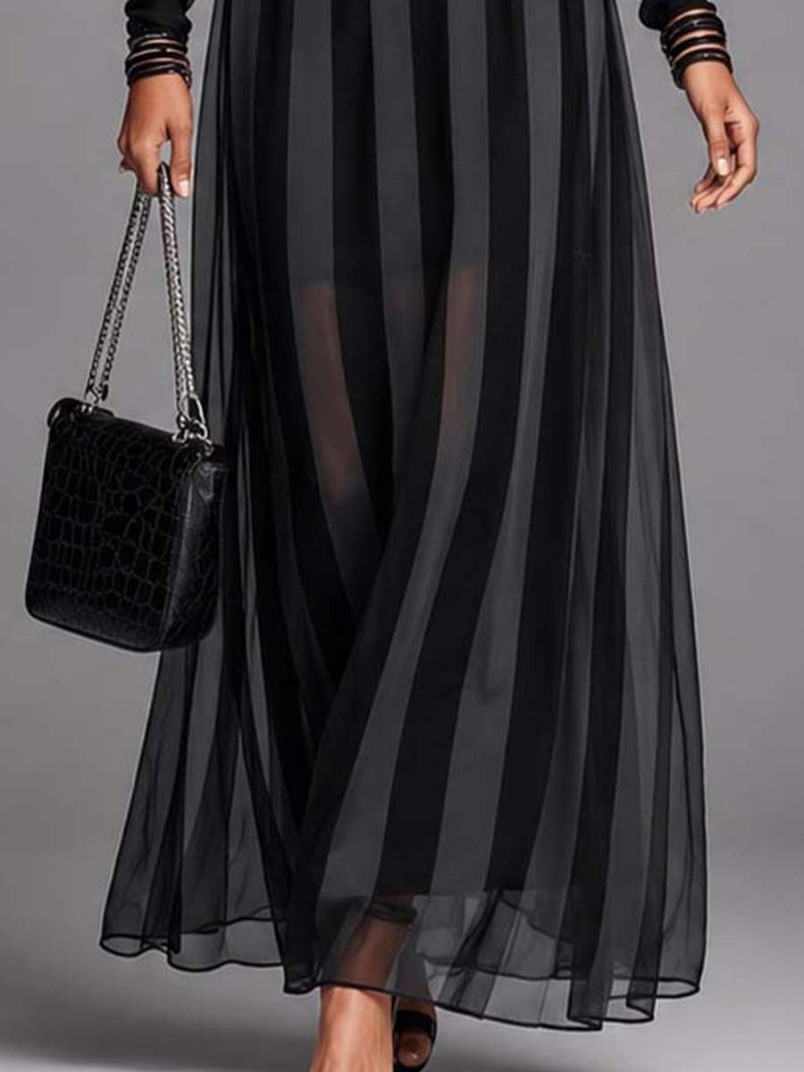 Sophisticated women's black maxi dress, long sleeve, round neck, and floor-length, perfect as a formal evening gown.