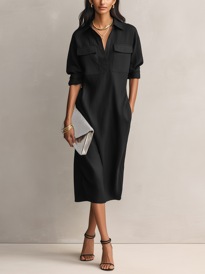Elegant women's black midi dress with a stylish shirt collar & short sleeves, perfect for spring/summer work or casual wear.