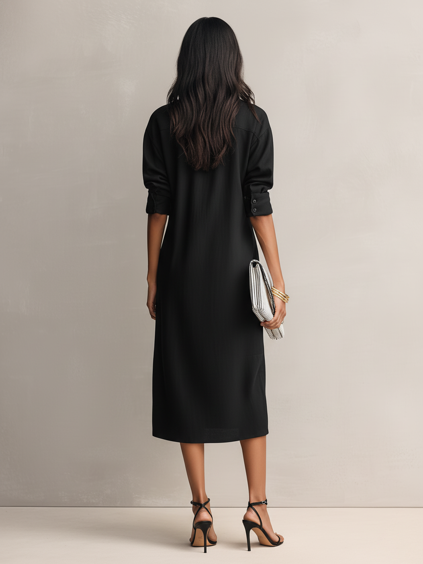 Fashionable women's black midi dress with a classic shirt collar & short sleeves. Great for elegant spring, summer, or work style.