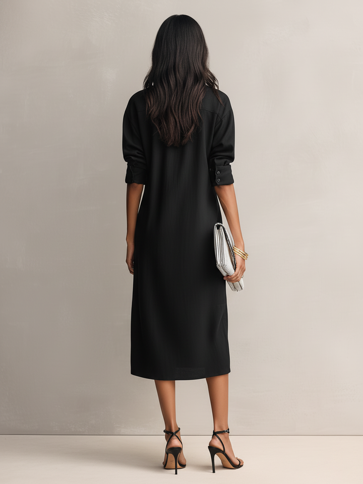 Fashionable women's black midi dress with a classic shirt collar & short sleeves. Great for elegant spring, summer, or work style.