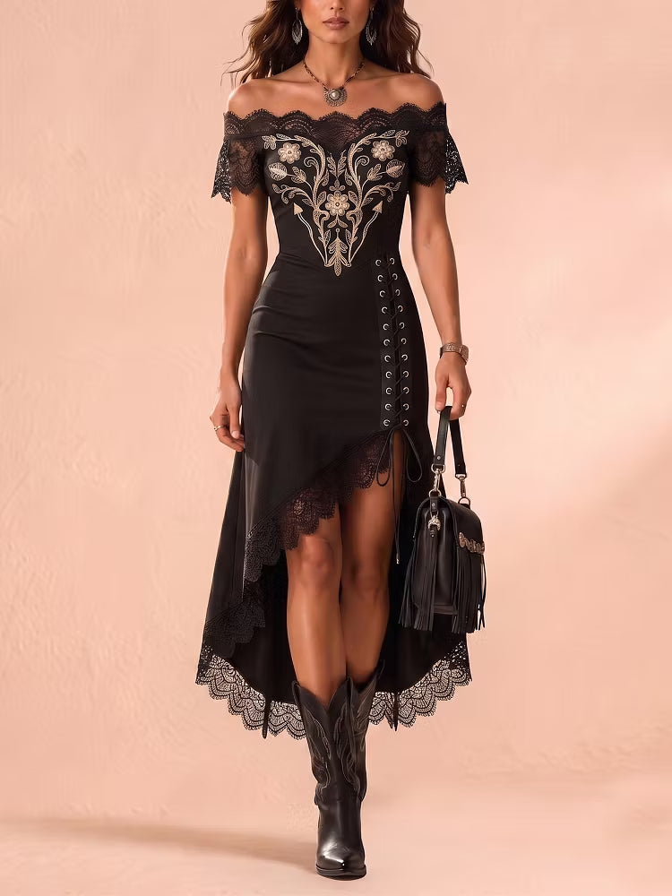 Elegant women's black off-shoulder evening dress with gold floral accent & stylish high-low hem, perfect for parties.