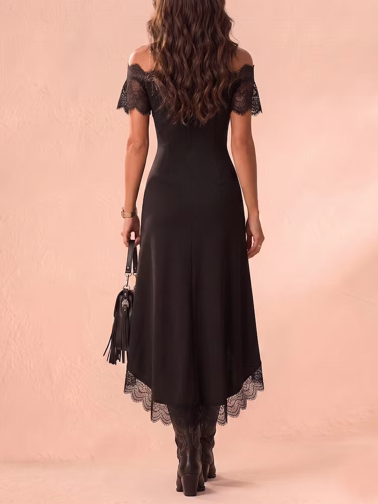 Formal black party dress for women with an elegant off-shoulder cut, shimmering gold details & fashionable high-low hem.