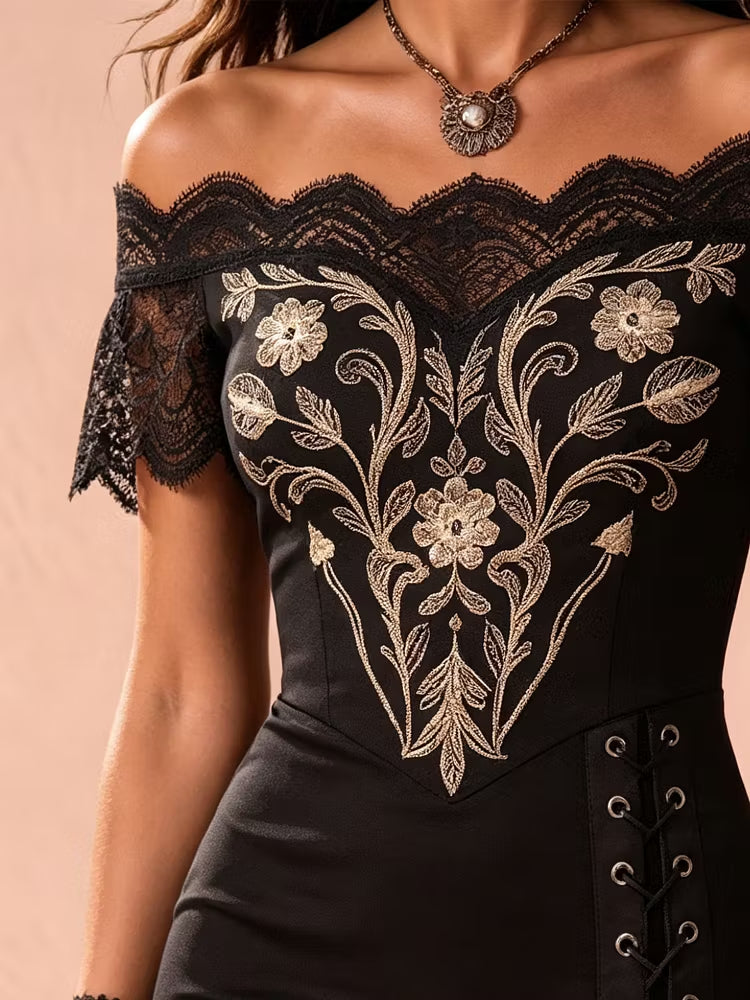 Stylish women's black formal dress, off-shoulder with a gold accent, high-low hem & vintage-inspired elegant design.