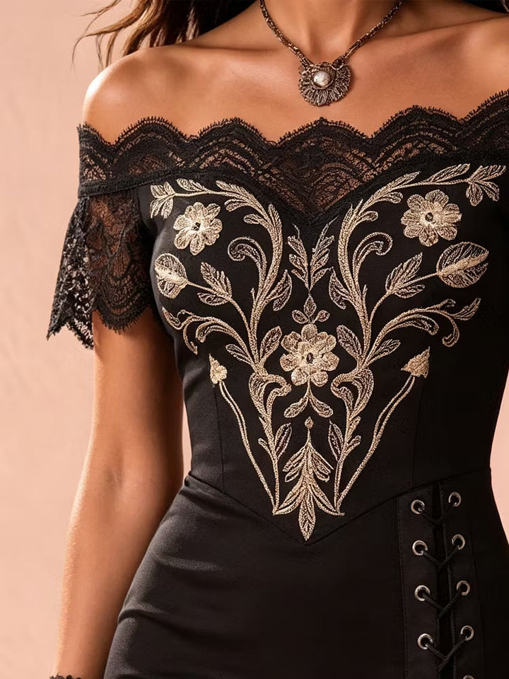 Stylish women's black formal dress, off-shoulder with a gold accent, high-low hem & vintage-inspired elegant design.