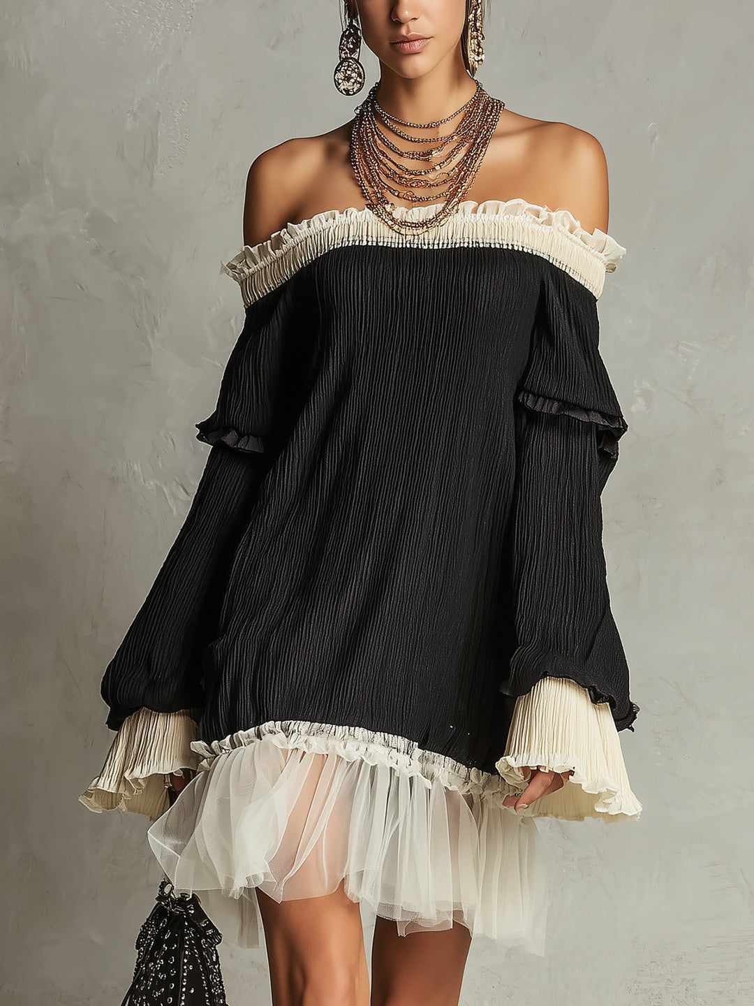 Elegant women's black off-shoulder mini dress with ruffle sleeves, perfect for parties & date nights.
