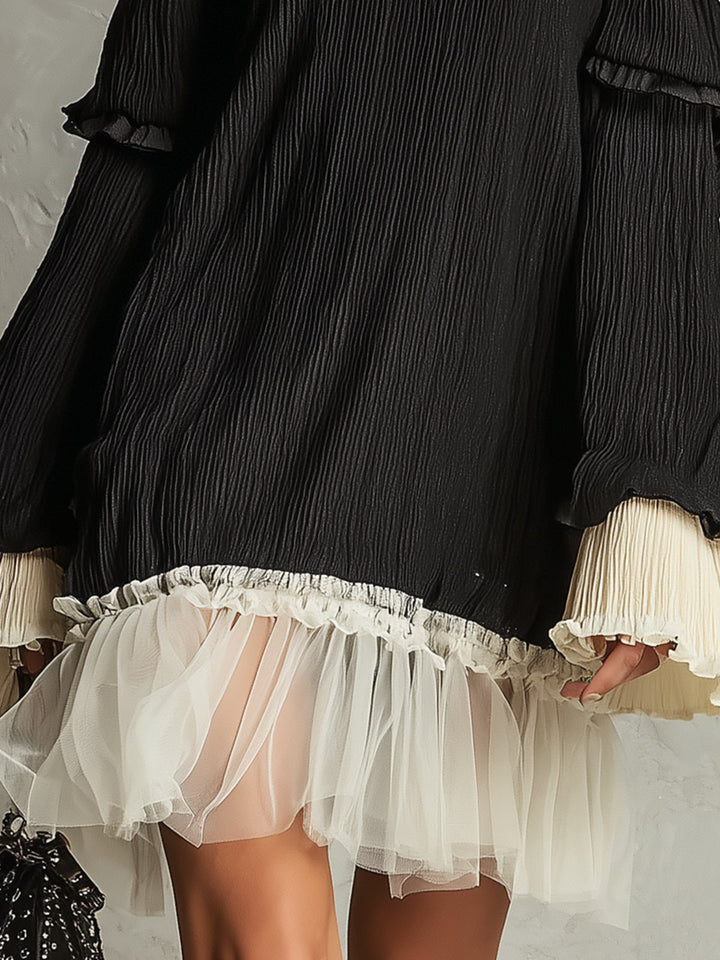 Women's black off-shoulder mini dress; elegant design, ruffle sleeves & lace trim for party or date night.