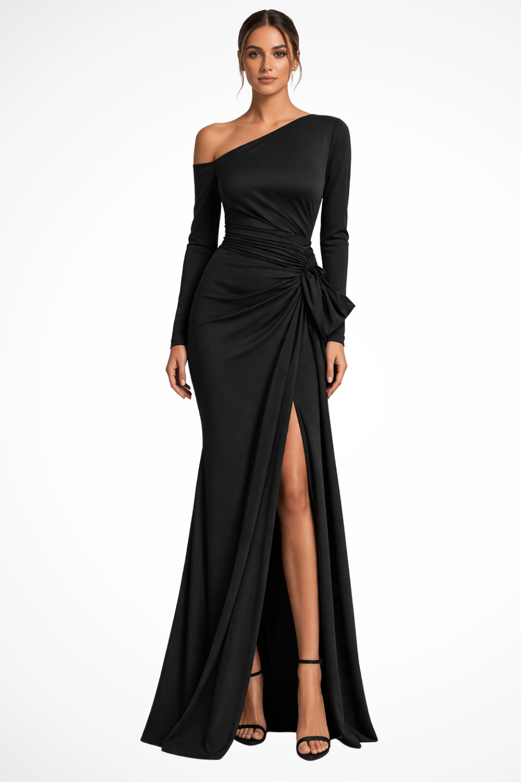 Elegant women's black one-shoulder long-sleeve maxi dress with a slit, perfect for evening parties & formal events.