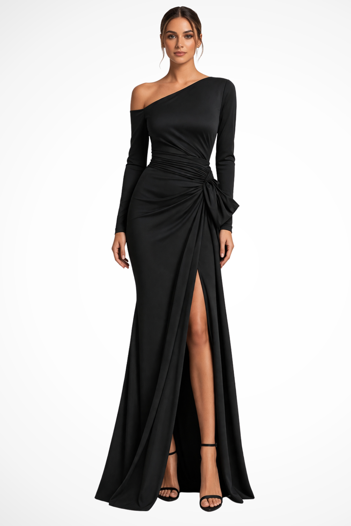 Elegant women's black one-shoulder long-sleeve maxi dress with a slit, perfect for evening parties & formal events.