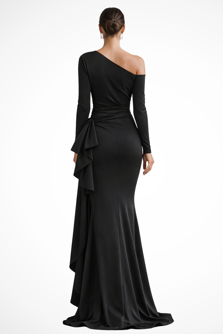 Chic one-shoulder long-sleeve maxi gown for women, ideal as a wedding guest dress or formal evening party attire.