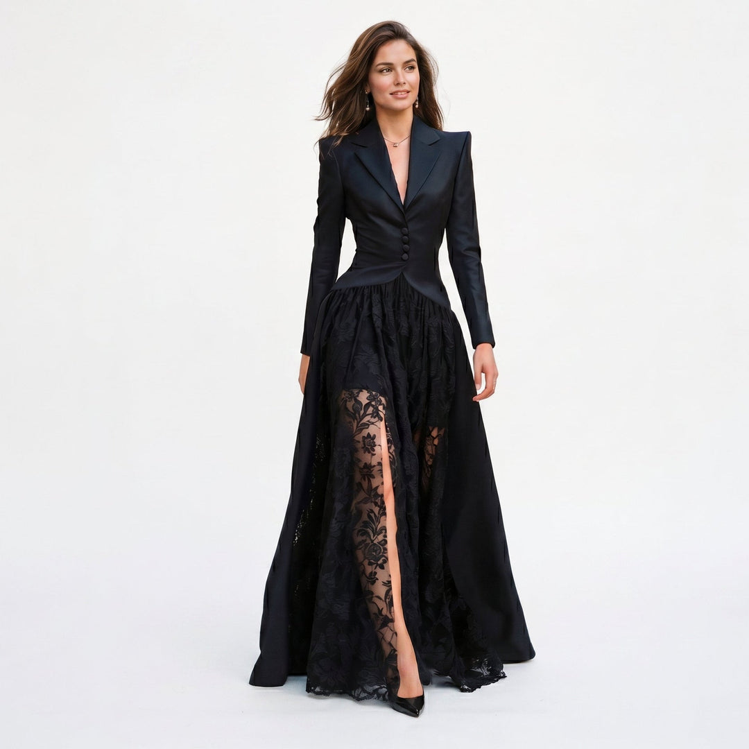 Elegant women's black tailored blazer, lace evening gown set with a chic thigh-slit for formal wear.