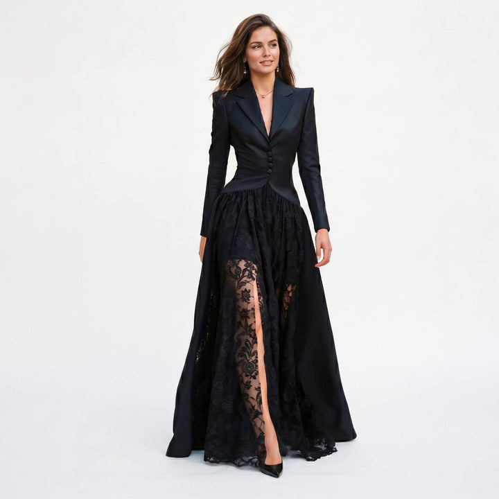 Elegant women's black tailored blazer, lace evening gown set with a chic thigh-slit for formal wear.