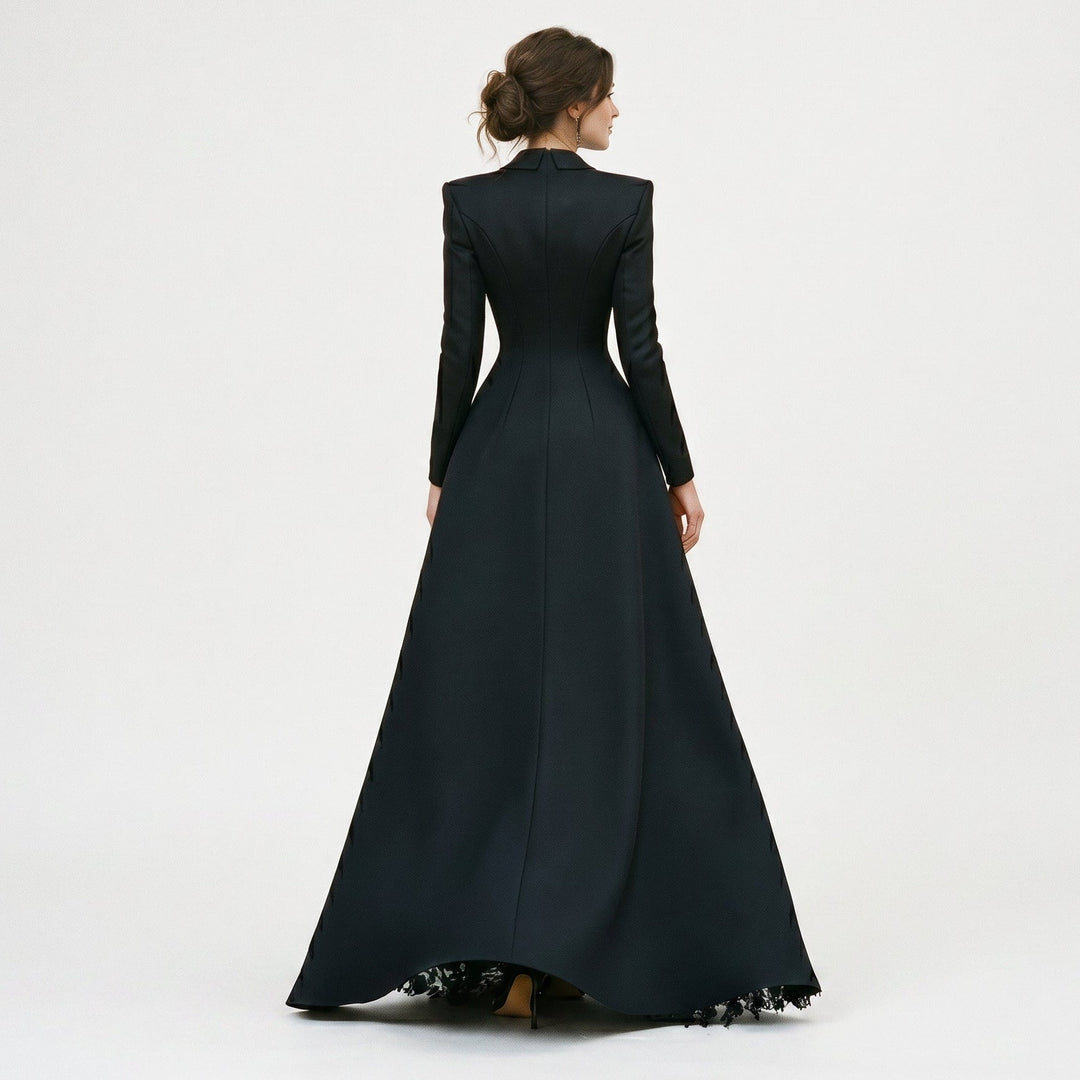 Sophisticated three-piece women's black lace evening gown, tailored blazer & skirt for special occasions.