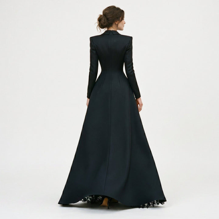 Sophisticated three-piece women's black lace evening gown, tailored blazer & skirt for special occasions.