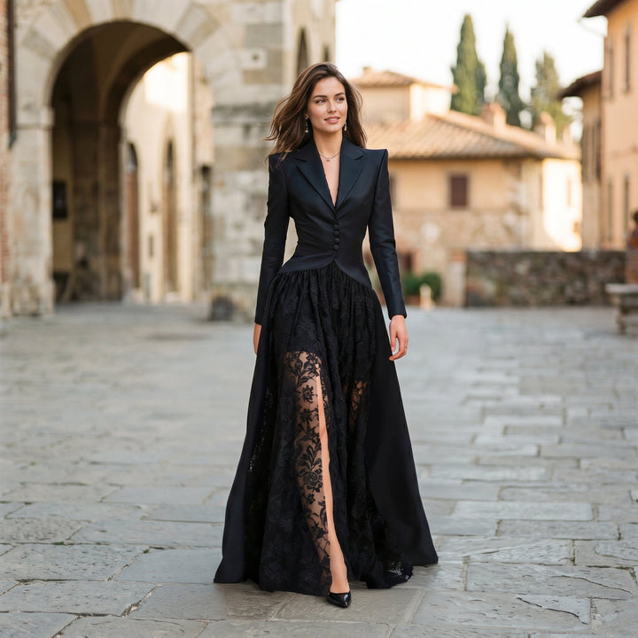 Black elegant women's tailored blazer & lace evening gown set, perfect for red carpet and special events.