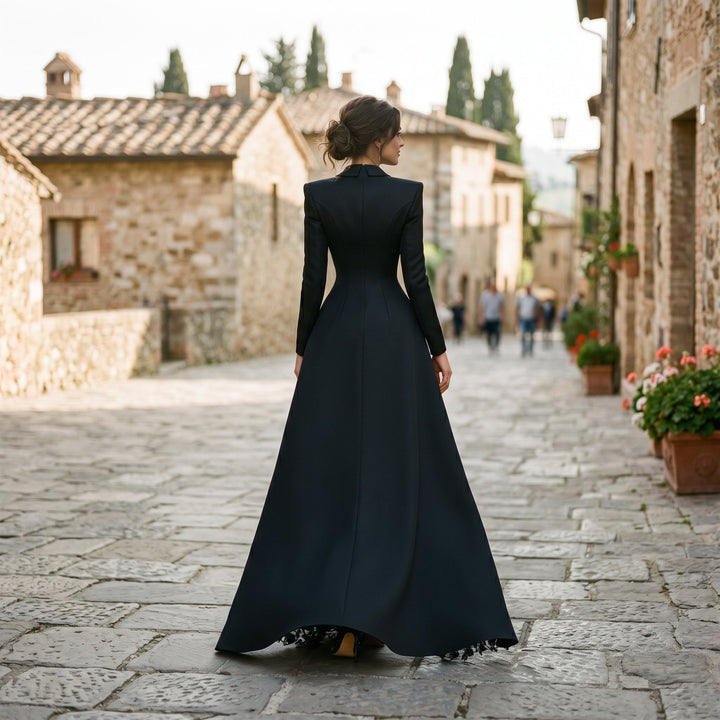 Stylish women's black lace evening gown with thigh slit & tailored blazer for elegant, formal fashion.