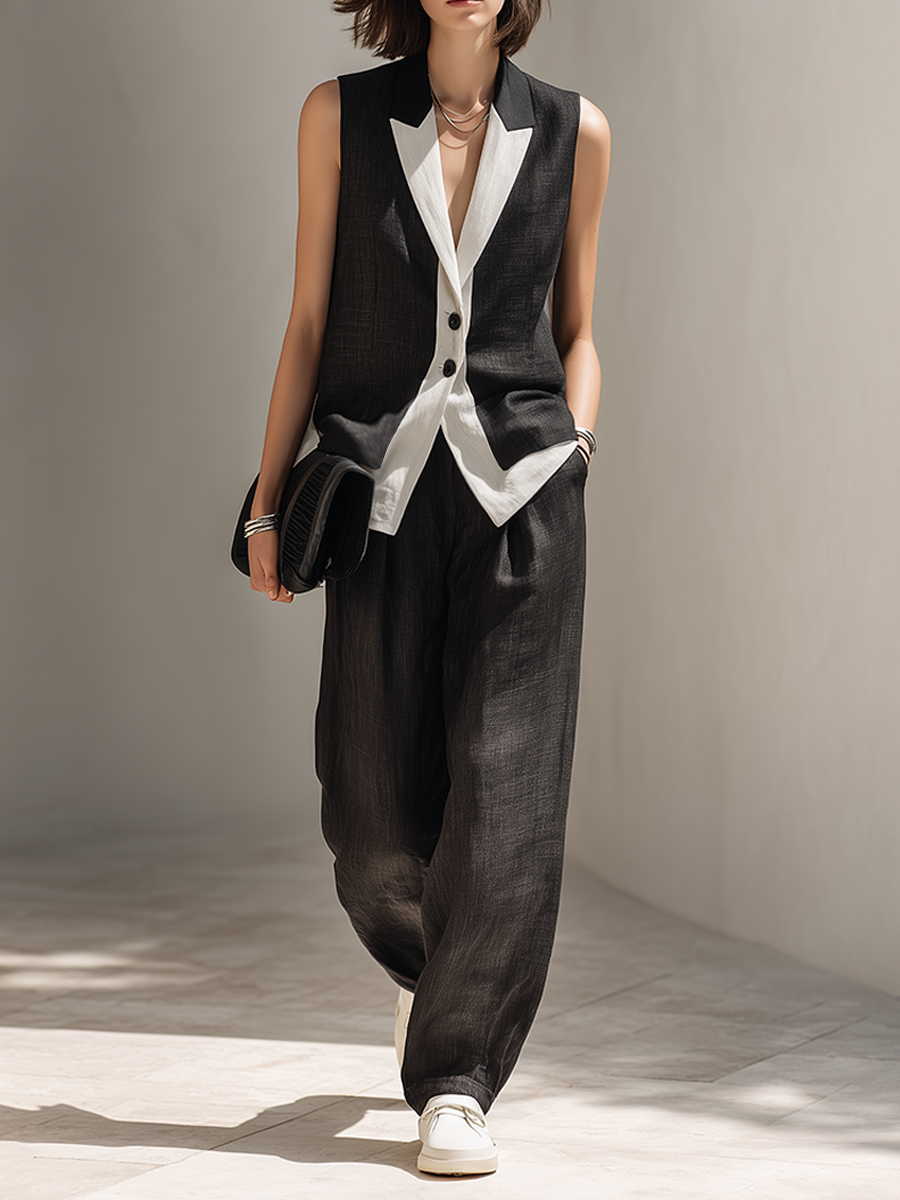 Elegant women's black tailored vest and wide-leg pants matching two-piece set for office or evening wear.