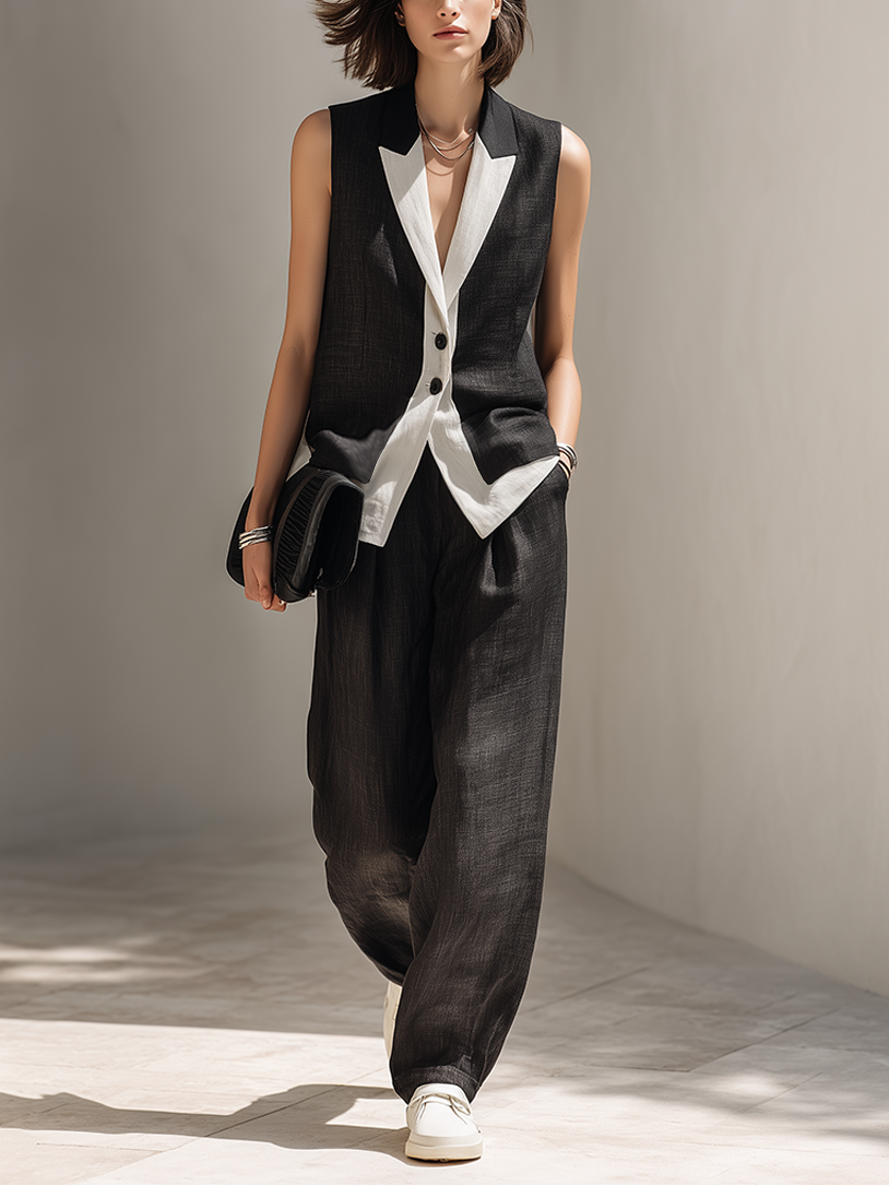 Matching black women's fashion set featuring an elegant tailored vest and comfortable wide-leg pants.