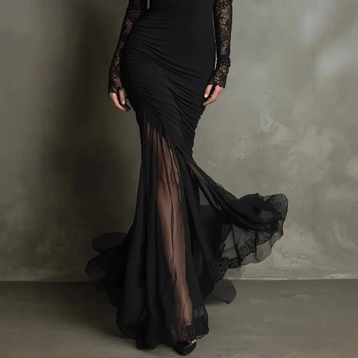 Beautiful women's black long sleeve formal maxi dress with elegant lace and a flattering v-neck for evening parties.