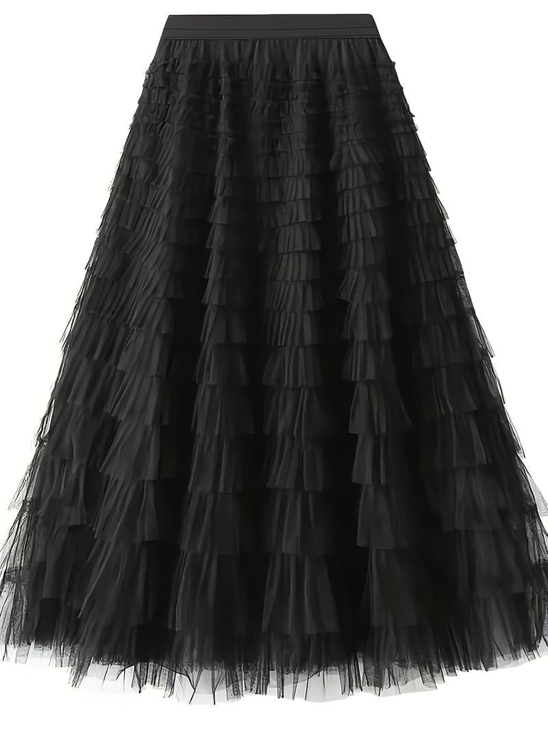 Chic women's grey tulle tiered maxi skirt, a versatile and elegant piece for party and evening wear