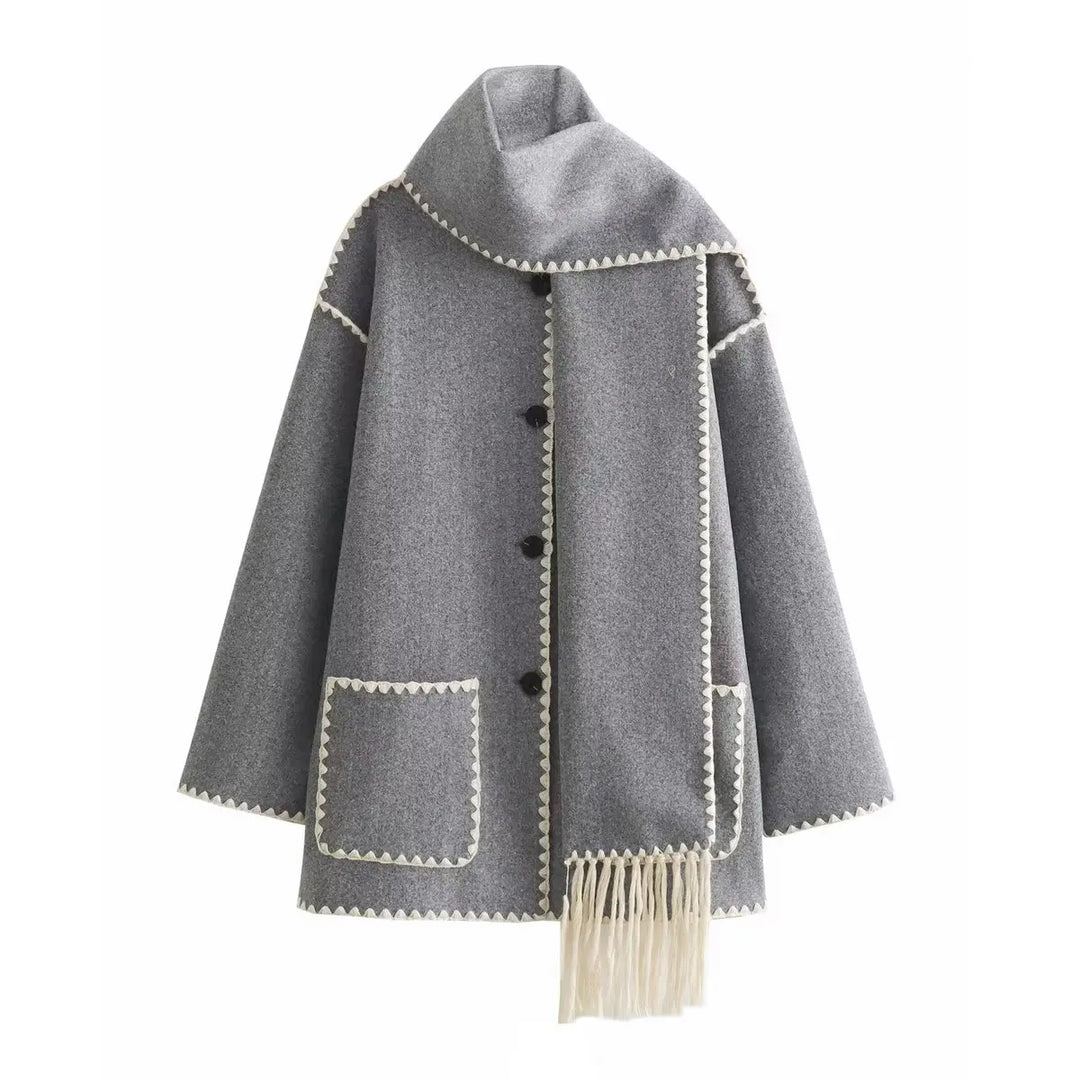 Cozy and elegant women's long wool blend coat, wrap design with a distinctive fringe finish