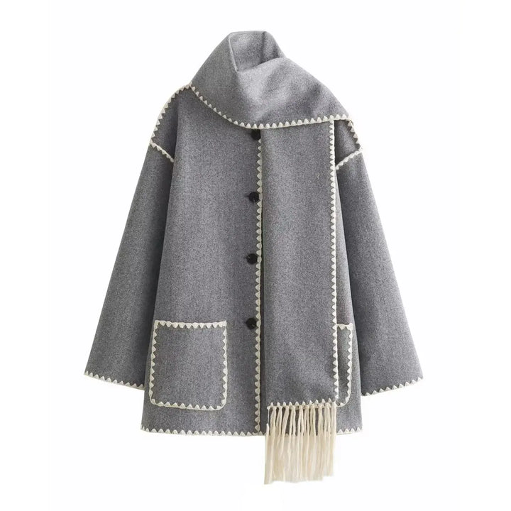Cozy and elegant women's long wool blend coat, wrap design with a distinctive fringe finish