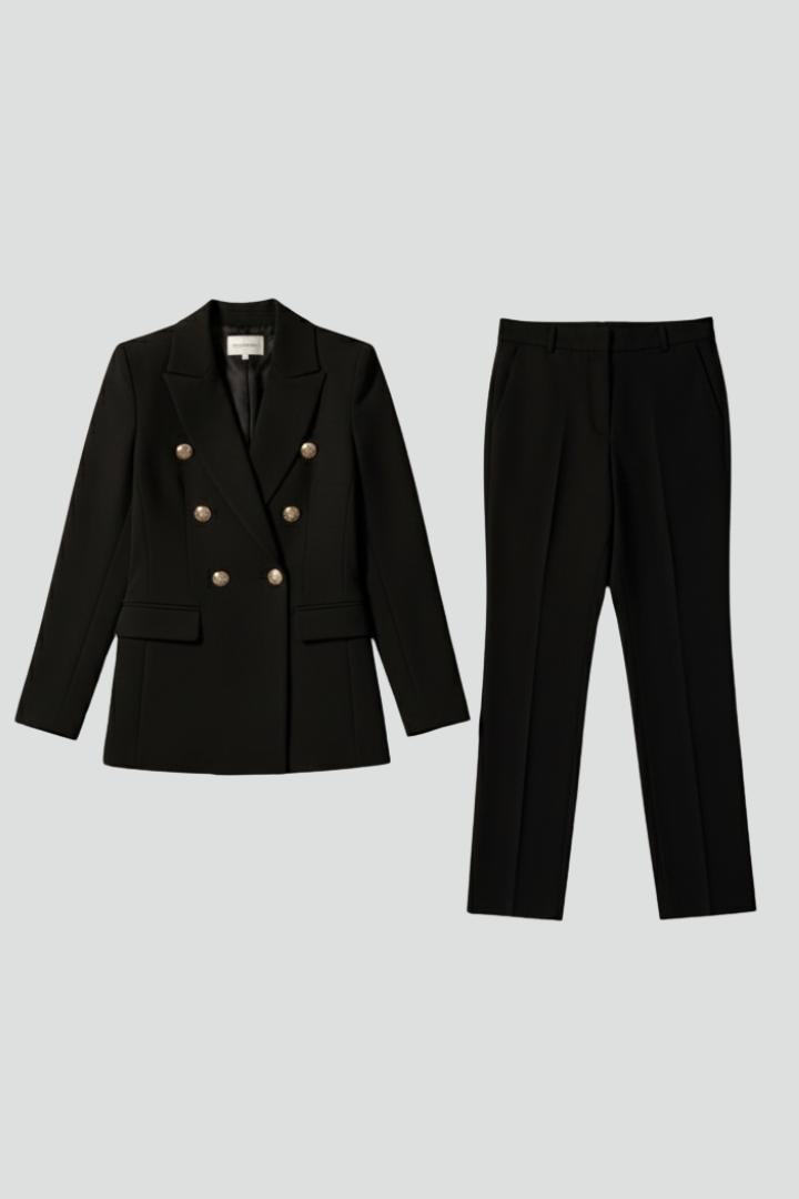 Elegant women's blazer and straight trousers suit set, perfect for professional business attire.