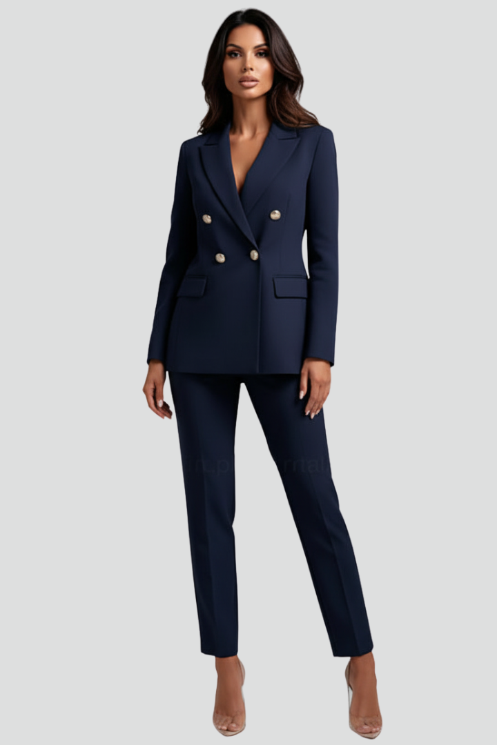 Ladies' formal suit set, featuring a structured blazer and flattering straight leg trousers, side view.
