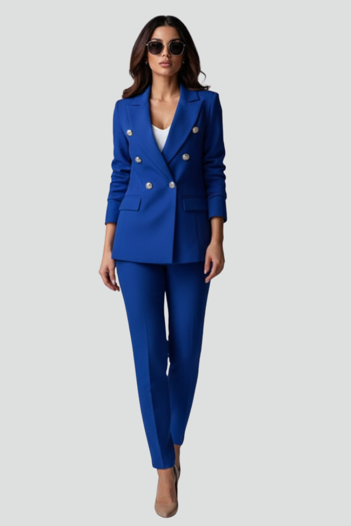 Classic women's suit, combining a stylish blazer with comfortable straight trousers for all-day wear.