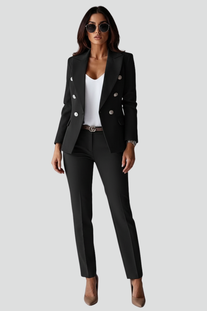 Chic women's two-piece suit with tailored blazer and smart straight leg trousers, workwear essential.