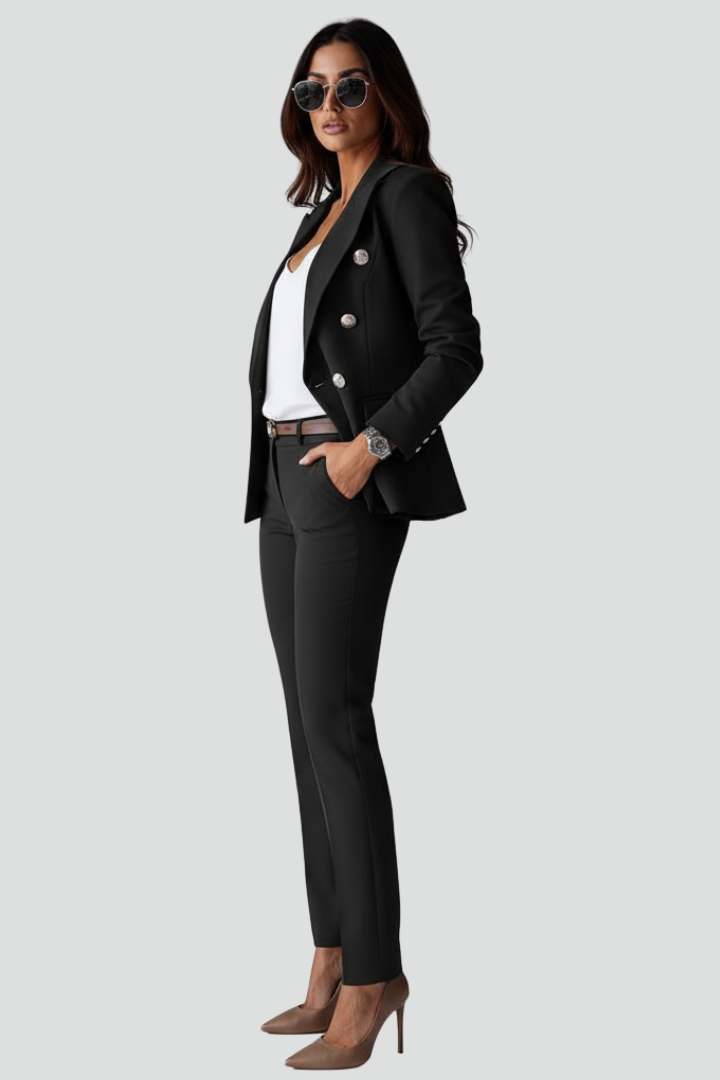 Sophisticated ladies' formal outfit featuring a stylish blazer and elegant straight trousers, front view.