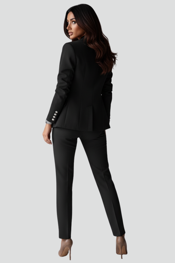 Women's elegant suit set in a classic color, ideal for office and professional events, full body shot.