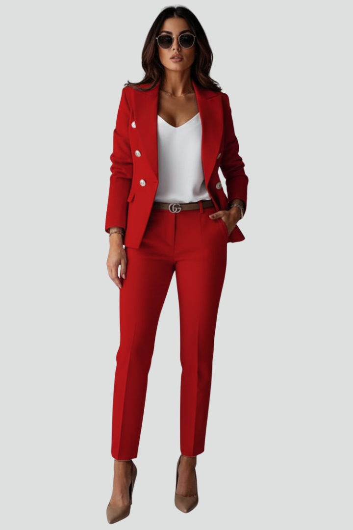 Stylish women's blazer set with modern straight trousers, designed for a sharp, confident look.
