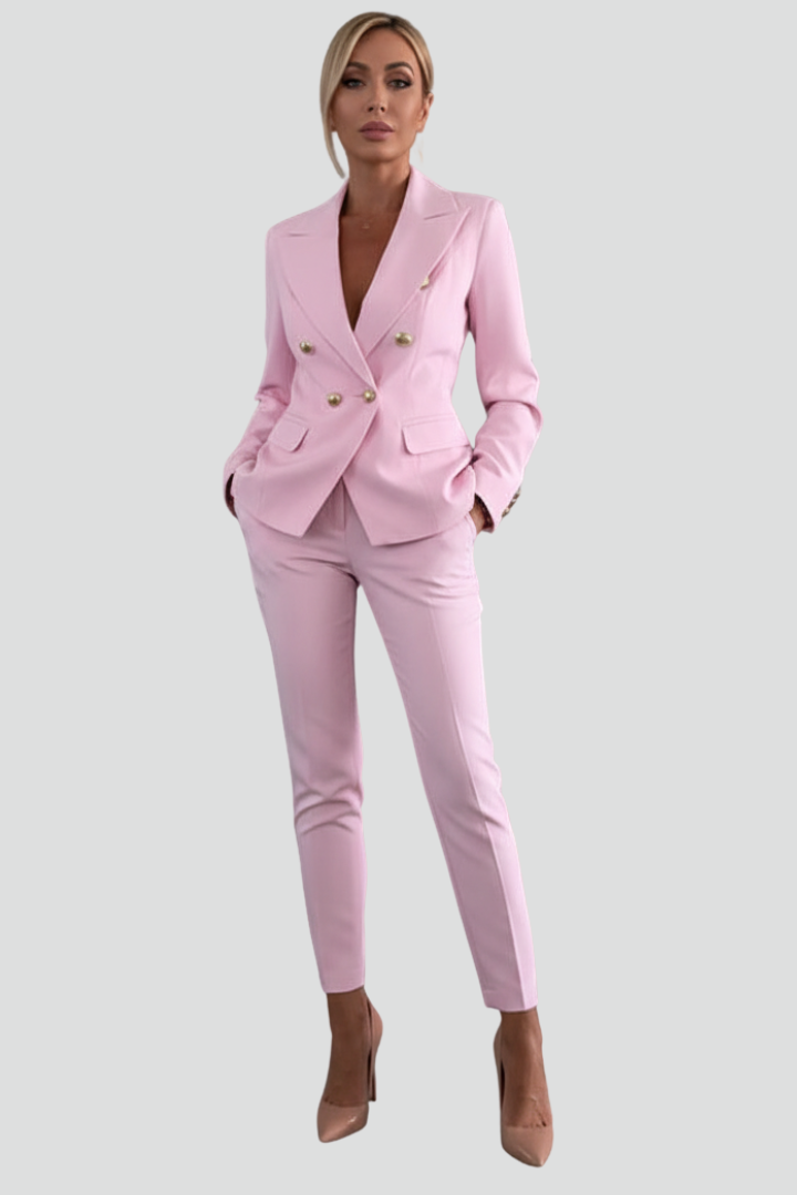Professional women's business attire: a chic blazer and comfortable straight trousers ensemble.