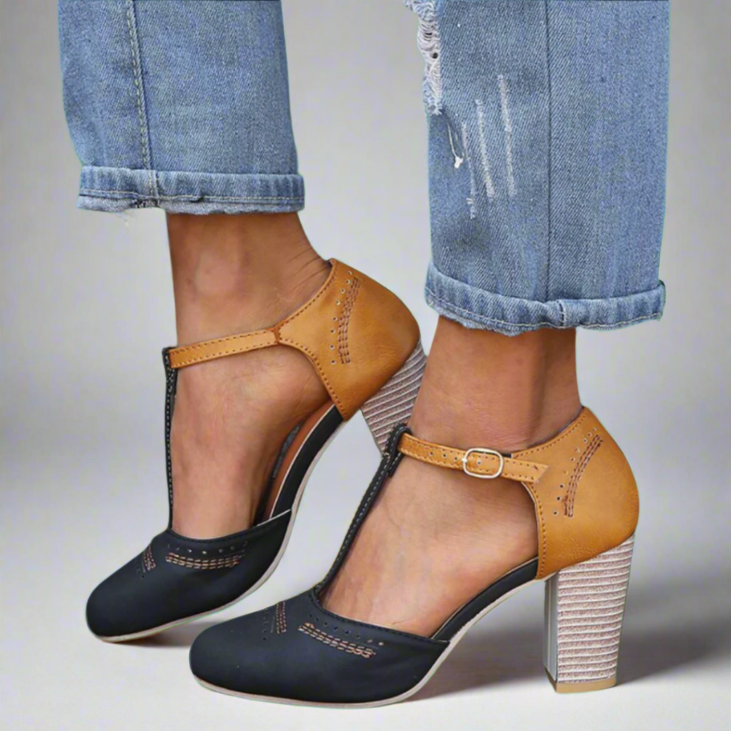 Elegant women's block heel wedding shoes with ankle strap & pointed toe. Perfect formal dress shoes for special occasions.