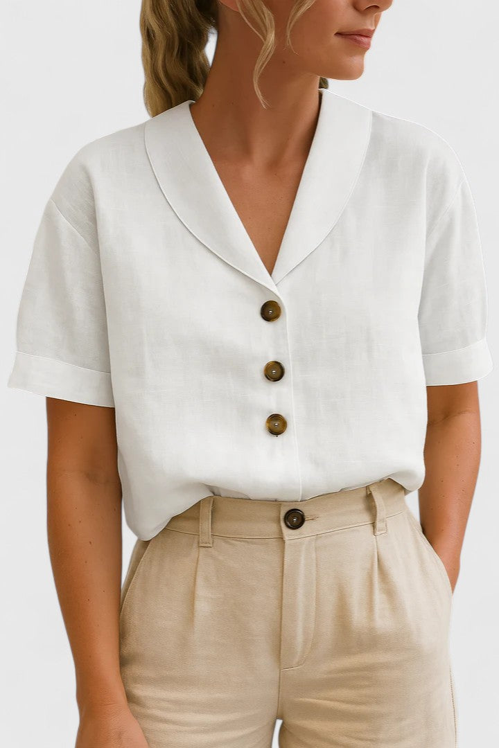 Stylish women's elegant button-detail blouse, a versatile and breathable top ideal for sophisticated spring and summer outfits.