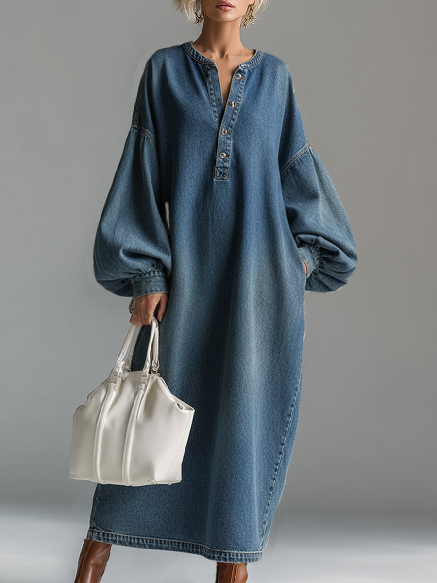 Elegant women's blue button-down maxi dress, urban chic style, perfect for versatile everyday wear.