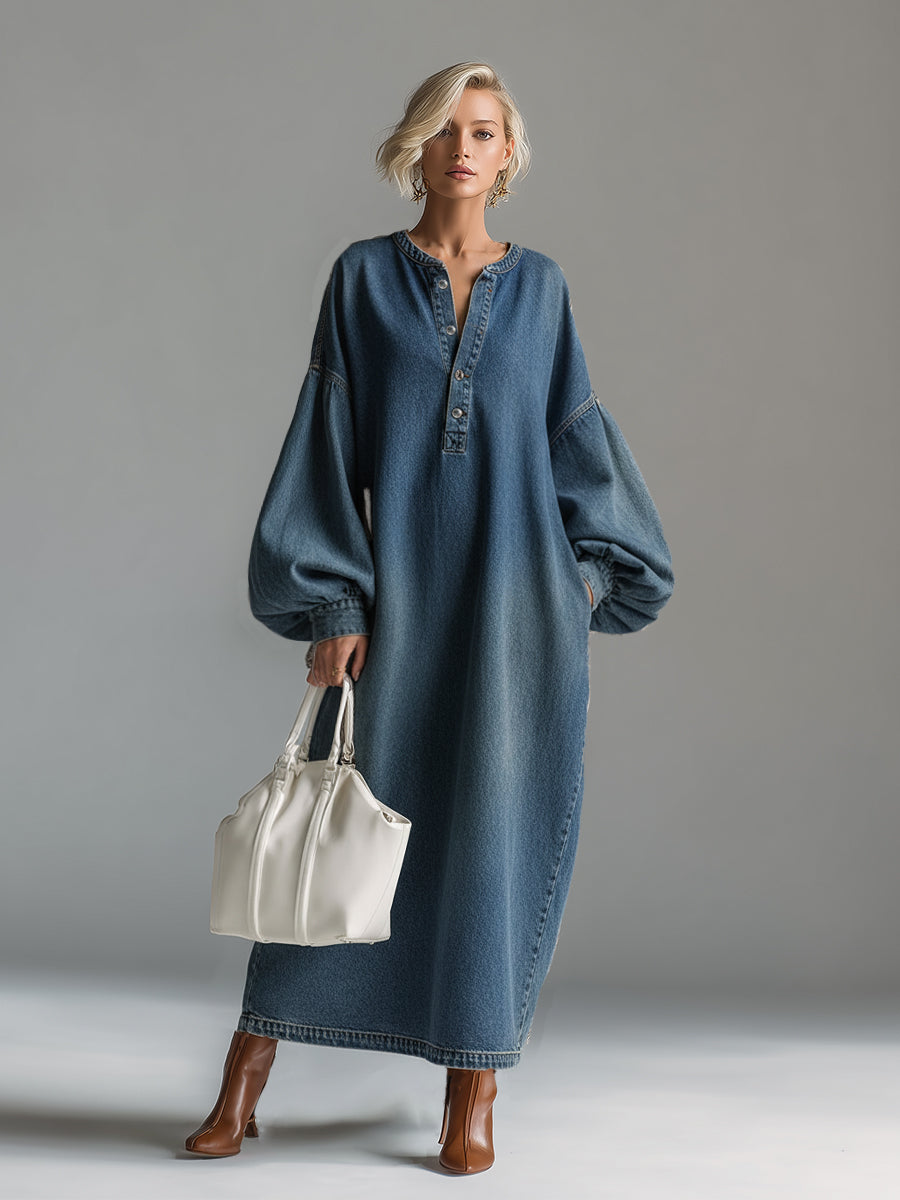 Relaxed fit blue long dress for women, classic button-down design, versatile casual and elegant fashion.