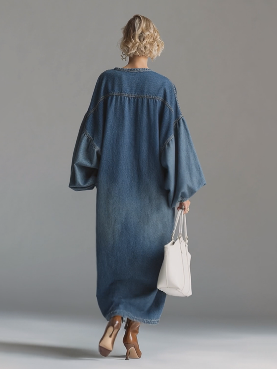 Urban chic blue maxi dress for women, full-length button-down, ideal for stylish and comfortable everyday wear.