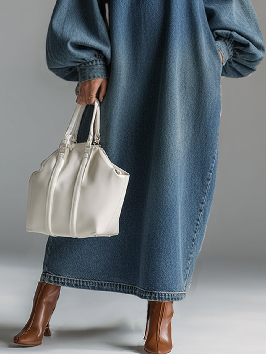 Women's elegant blue button-down maxi dress, versatile long silhouette, classic style for urban chic fashion.