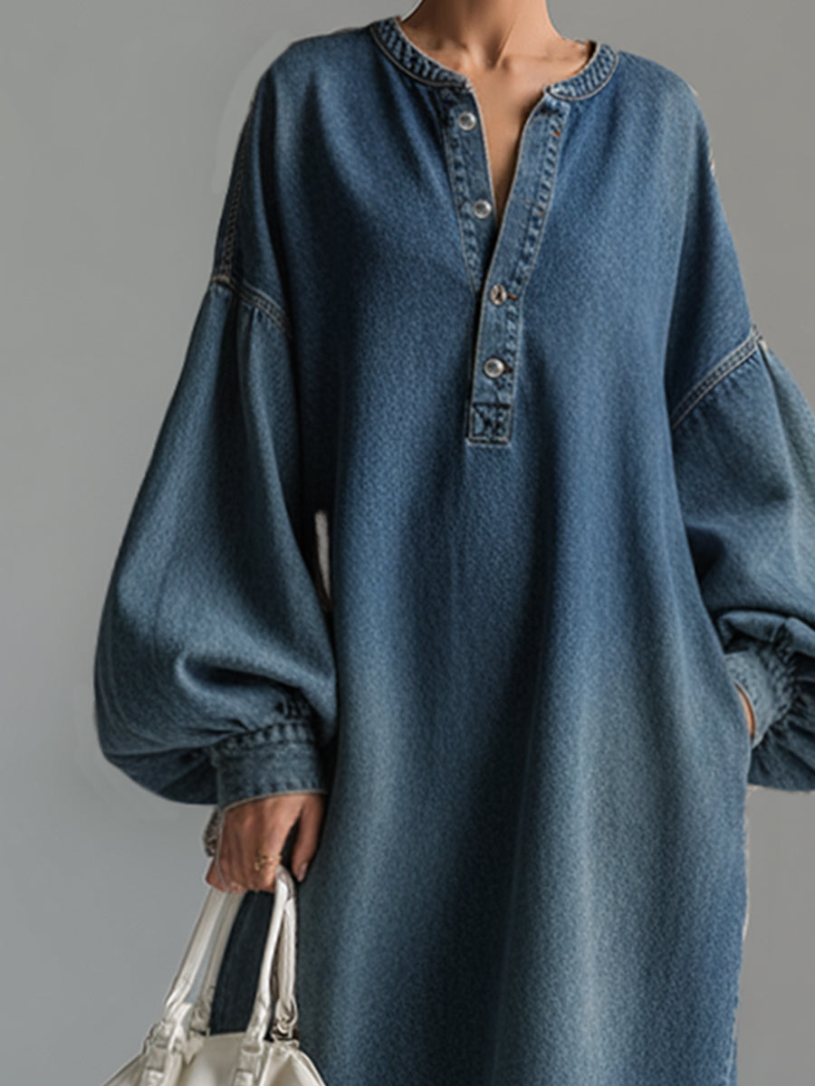 Classic blue button-down maxi dress, women's elegant urban wear, relaxed fit for comfortable everyday fashion.