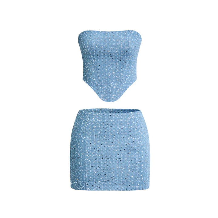 Chic women's formal blue sequin mini dress, strapless and bodycon, perfect for a glamorous party night.