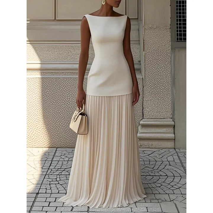 Elegant women's boat neck pleated maxi dress. Sleeveless, perfect for spring/summer casual or party wear.
