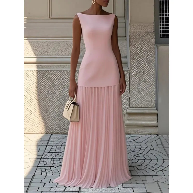 Front view of women's long pleated boat neck dress. Sleeveless and elegant, suitable for spring parties or events.